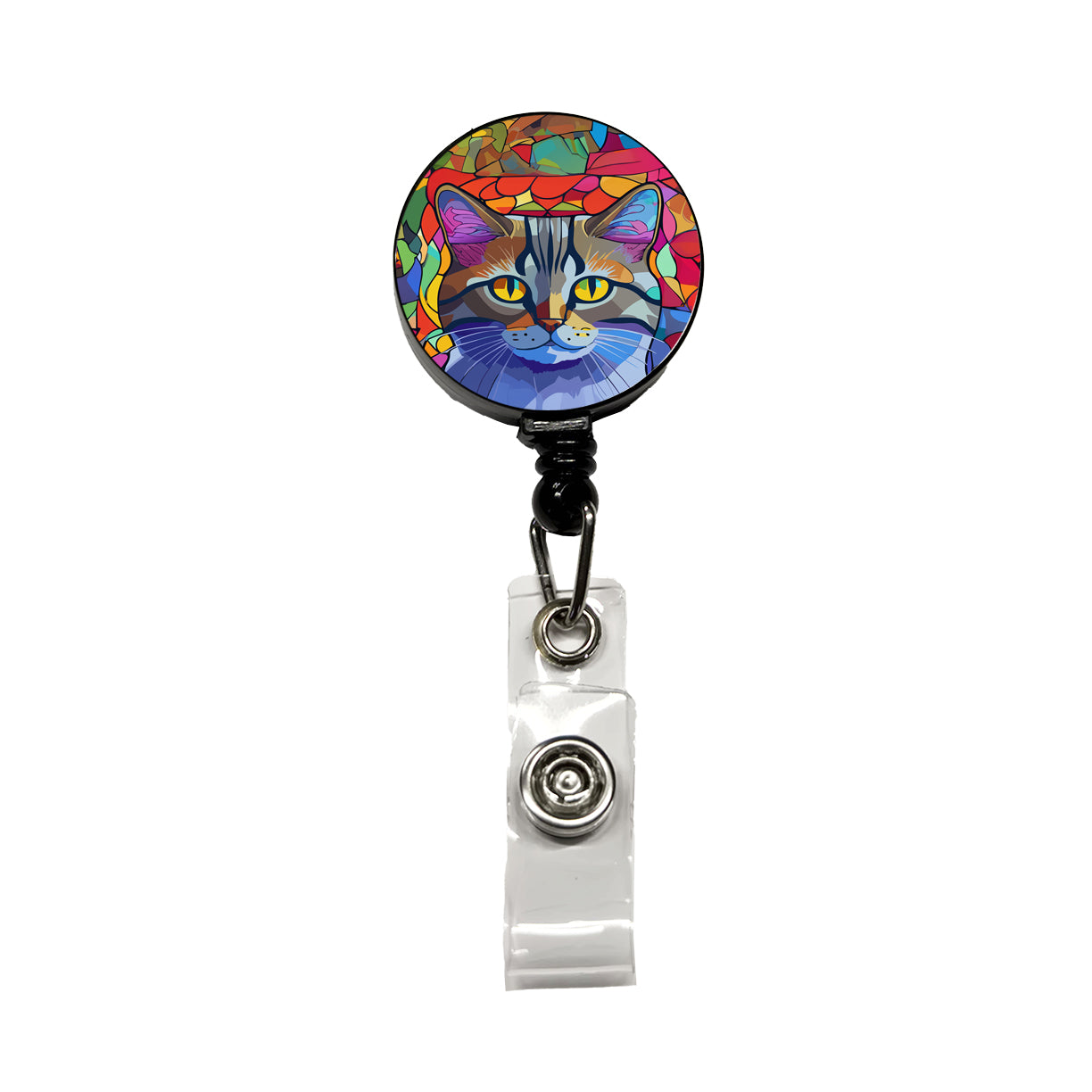 Cat Stained Glass Style Retractable ID Key Card Name Tag Badge Holder with Clip