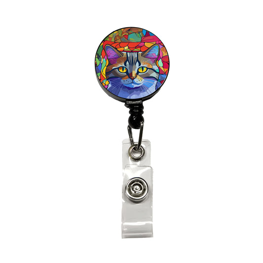 Cat Stained Glass Style Retractable ID Key Card Name Tag Badge Holder with Clip
