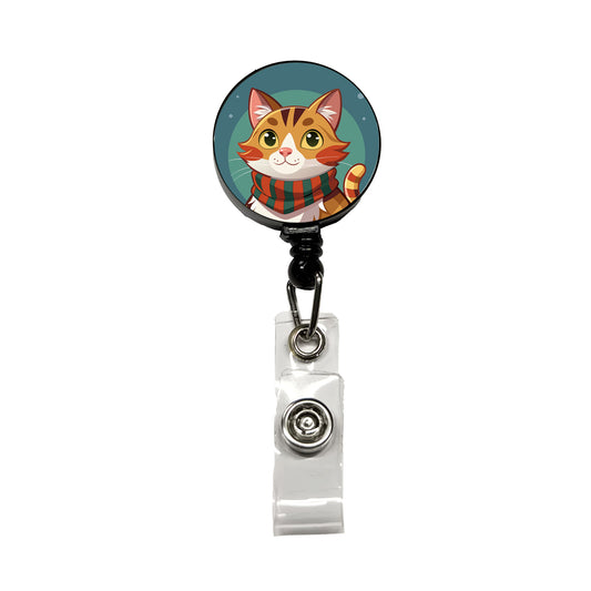 Cat Tabby Wearing Winter Scarf Retractable ID Key Card Name Tag Badge Holder with Clip