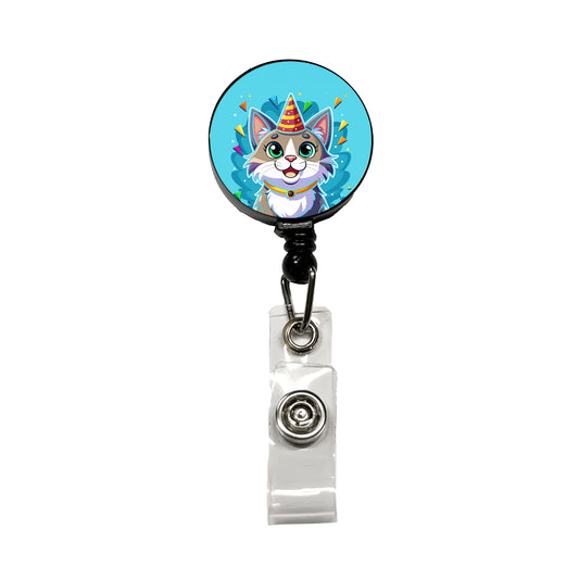Cat Wearing Birthday Hat Retractable ID Key Card Name Tag Badge Holder with Clip