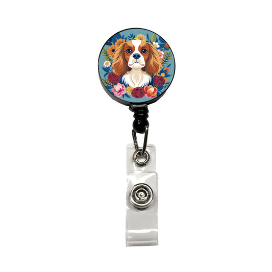 Cavalier King Charles Spaniel Dog Floral Flowers Retractable ID Key Card Name Tag Badge Holder with Clip