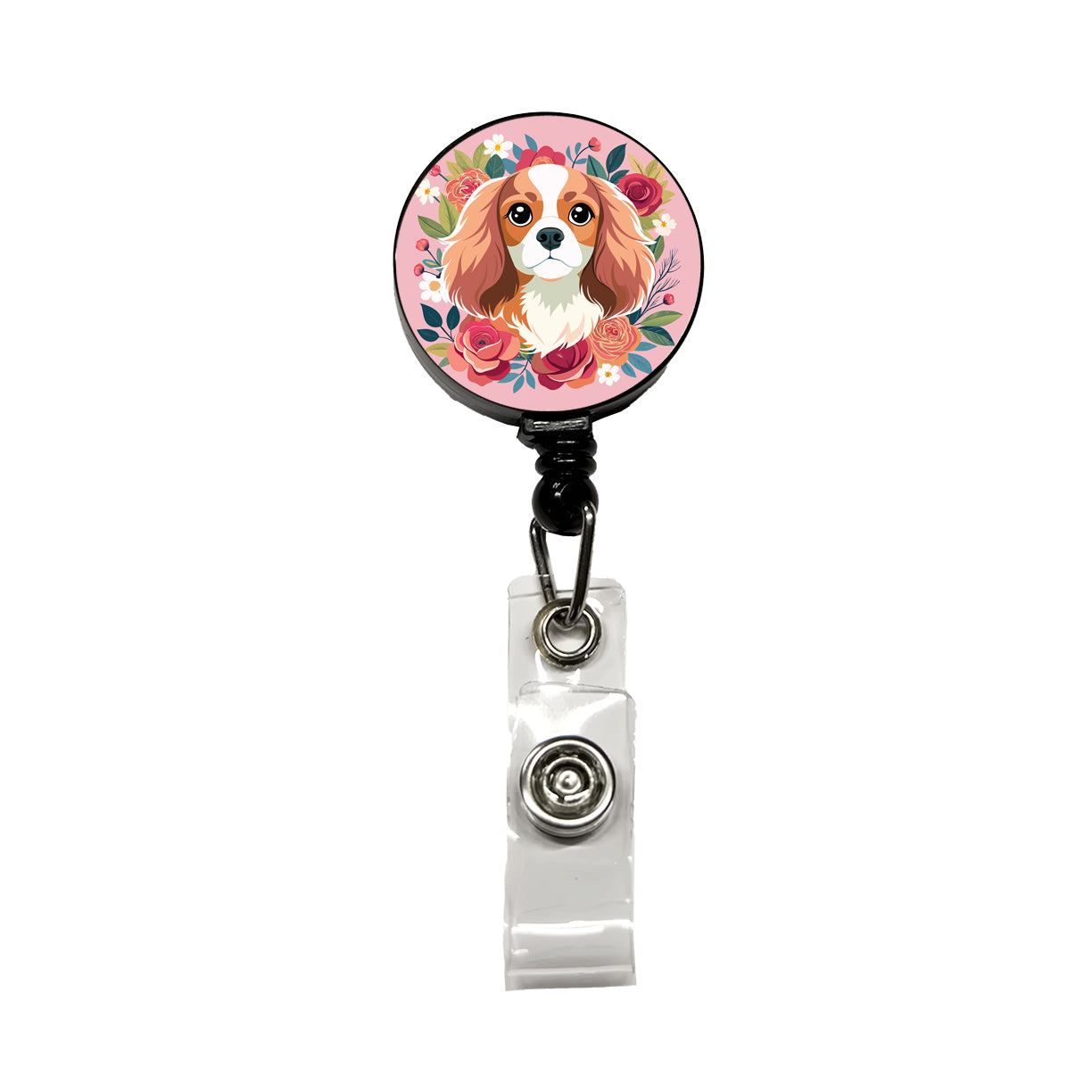 Cavalier King Charles Spaniel Dog Pink Floral Flowers Retractable ID Key Card Name Tag Badge Holder with Clip