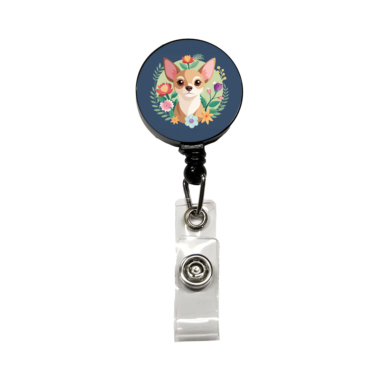 Chihuahua Dog Floral Flowers Retractable ID Key Card Name Tag Badge Holder with Clip