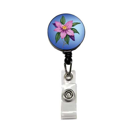 Clematis Flower Purple Watercolor Retractable ID Key Card Name Tag Badge Holder with Clip