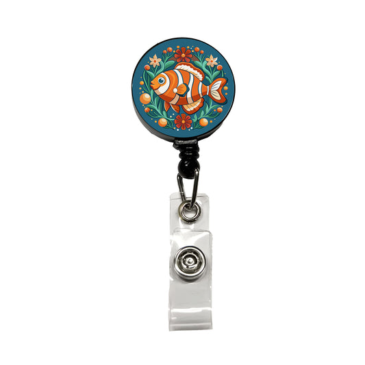 Clownfish Floral Flowers Retractable ID Key Card Name Tag Badge Holder with Clip