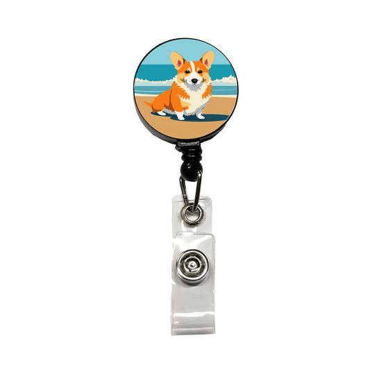 Corgi Dog on the Beach Ocean Retractable ID Key Card Name Tag Badge Holder with Clip