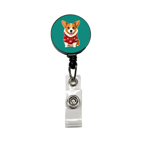 Corgi Wearing Christmas Sweater Retractable ID Key Card Name Tag Badge Holder with Clip