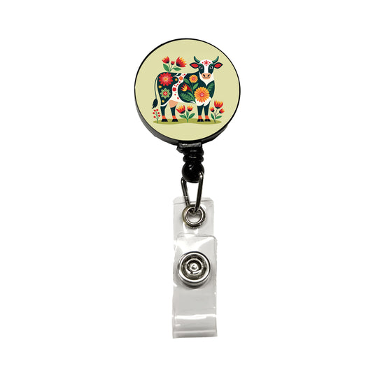 Cow Floral Motif Retractable ID Key Card Name Tag Badge Holder with Clip