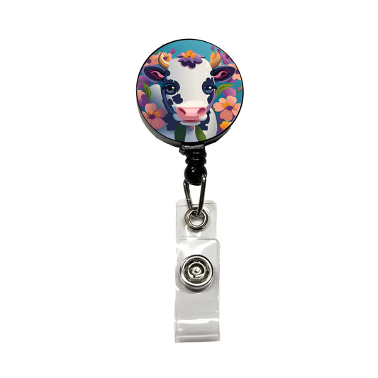 Cow with Flowers Retractable ID Key Card Name Tag Badge Holder with Clip