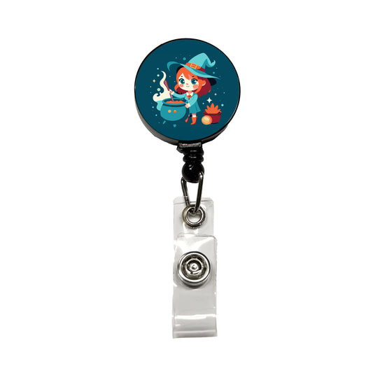Cute Witch Stirring Cauldron Halloween Retractable ID Key Card Name Tag Badge Holder with Clip