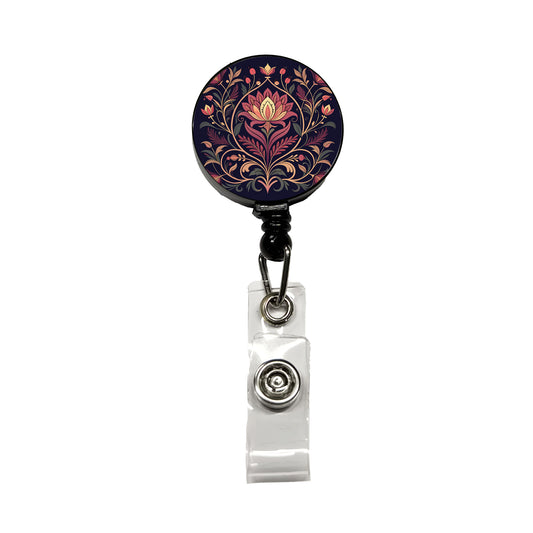 Dark Floral Art Nouveau Flowers Elegant Retractable ID Key Card Name Tag Badge Holder with Clip