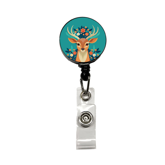 Deer Head Floral Flowers Retractable ID Key Card Name Tag Badge Holder with Clip
