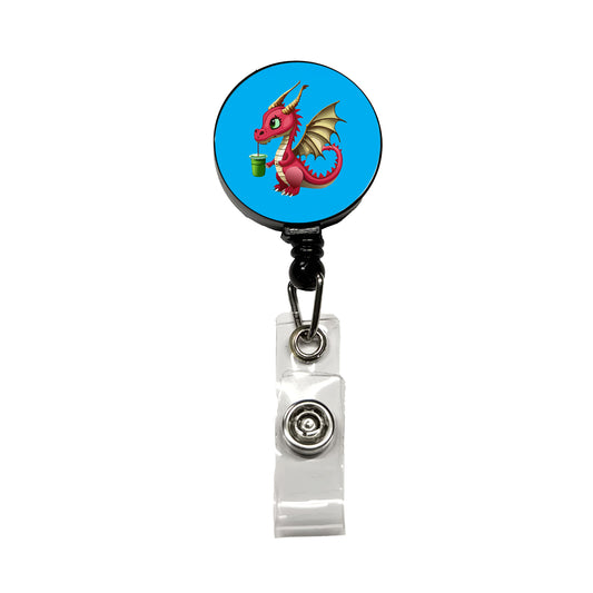 Dragon Drinking Boba Tea Funny Retractable ID Key Card Name Tag Badge Holder with Clip