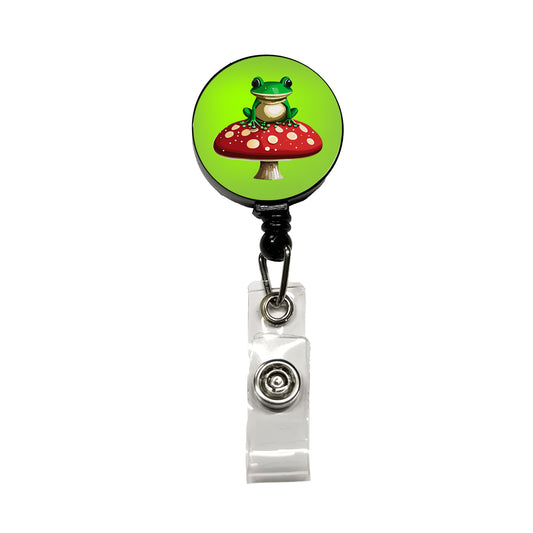 Frog on Red Toadstool Mushroom Retractable ID Key Card Name Tag Badge Holder with Clip