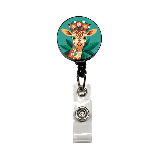 Giraffe Head Floral Flowers Retractable ID Key Card Name Tag Badge Holder with Clip