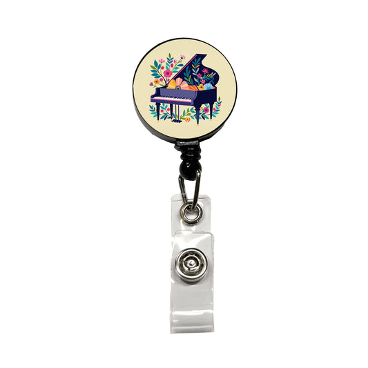 Grand Piano Music Floral Motif Retractable ID Key Card Name Tag Badge Holder with Clip