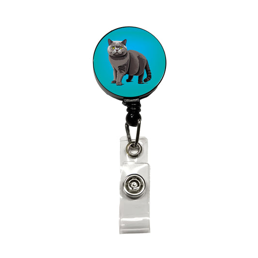 Gray British Shorthair Cat Retractable ID Key Card Name Tag Badge Holder with Clip