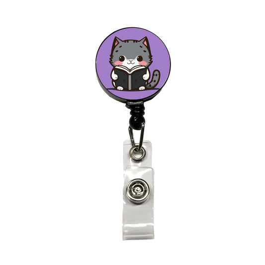 Gray Cat Reading Book Retractable ID Key Card Name Tag Badge Holder with Clip