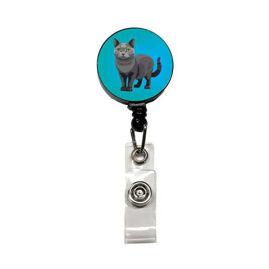 Gray Cat Standing Retractable ID Key Card Name Tag Badge Holder with Clip