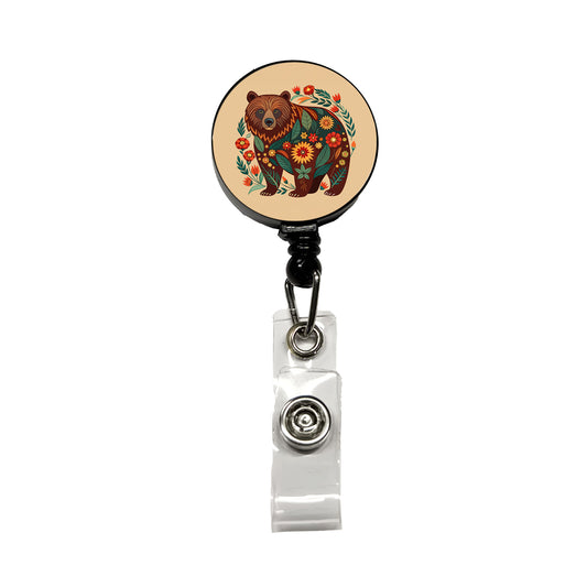 Grizzly Bear Floral Motif Retractable ID Key Card Name Tag Badge Holder with Clip