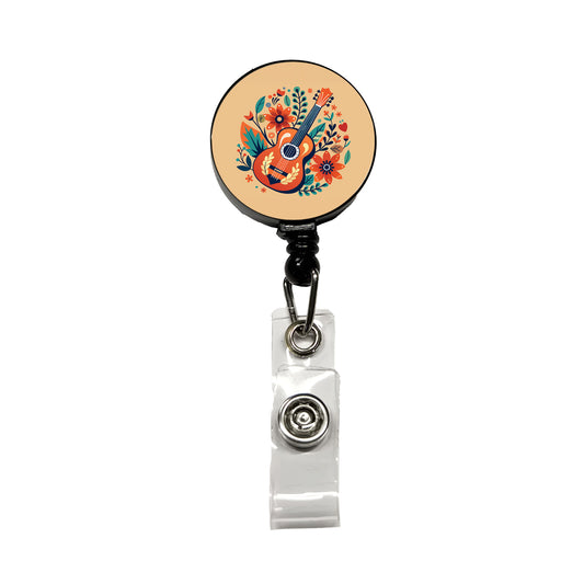 Guitar Music Floral Motif Retractable ID Key Card Name Tag Badge Holder with Clip