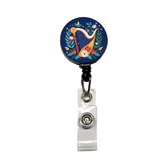 Harp Music Floral Motif Retractable ID Key Card Name Tag Badge Holder with Clip