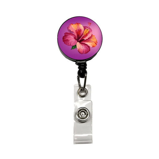 Hibiscus Flower Tropical Watercolor Retractable ID Key Card Name Tag Badge Holder with Clip