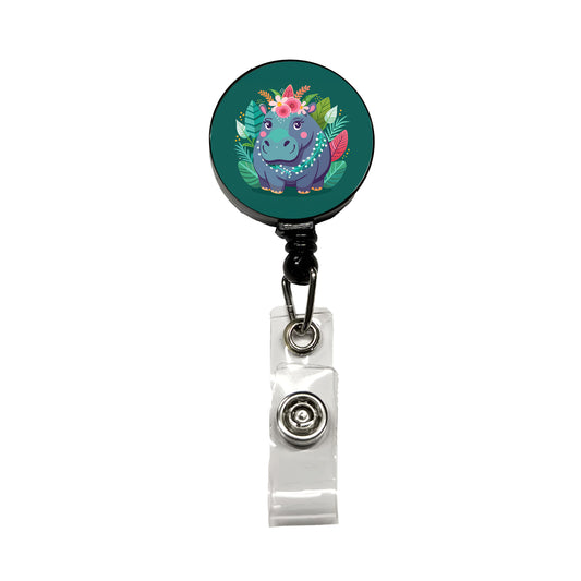Hippopotamus Floral Flowers Retractable ID Key Card Name Tag Badge Holder with Clip