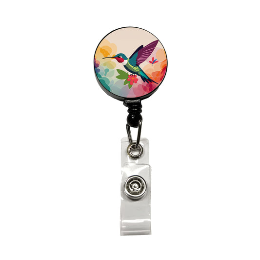 Hummingbird Colorful with Flowers Retractable ID Key Card Name Tag Badge Holder with Clip
