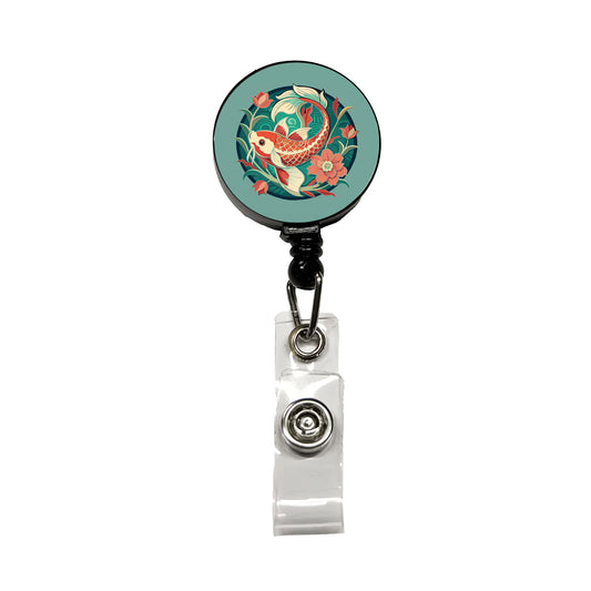 Koi Fish Floral Art Nouveau Flowers Elegant Retractable ID Key Card Name Tag Badge Holder with Clip