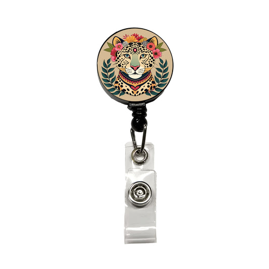 Leopard Head Floral Flowers Retractable ID Key Card Name Tag Badge Holder with Clip