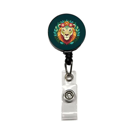 Lion Head Floral Flowers Retractable ID Key Card Name Tag Badge Holder with Clip