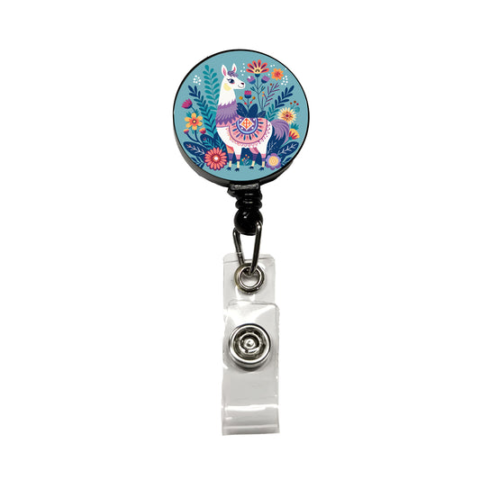 Llama Alpaca Floral Flowers Retractable ID Key Card Name Tag Badge Holder with Clip