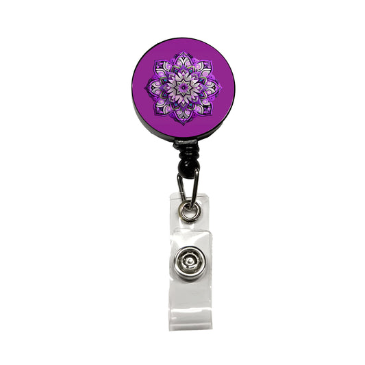 Mandala Purple Retractable ID Key Card Name Tag Badge Holder with Clip