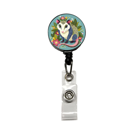Opossum Floral Flowers Retractable ID Key Card Name Tag Badge Holder with Clip