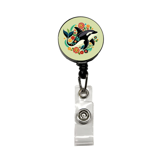 Orca Whale Floral Flowers Retractable ID Key Card Name Tag Badge Holder with Clip