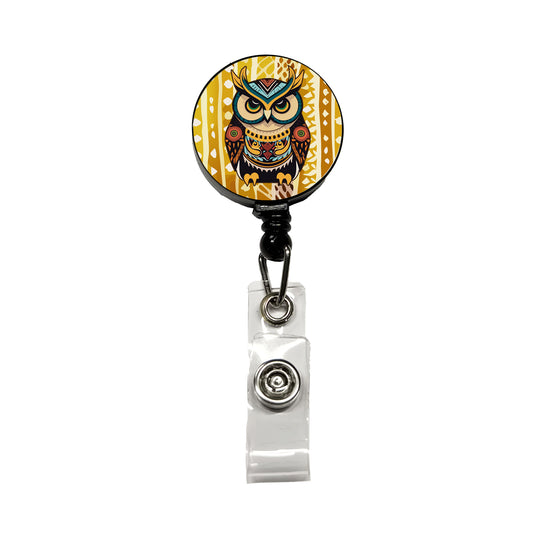 Owl Tribal Colorful Bird Retractable ID Key Card Name Tag Badge Holder with Clip
