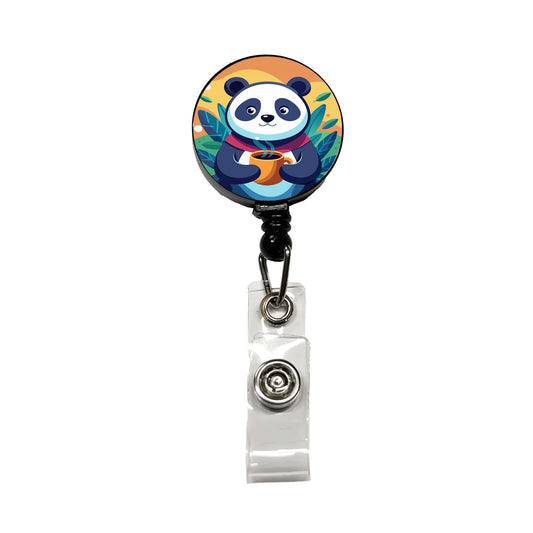 Panda Drinking Coffee Retractable ID Key Card Name Tag Badge Holder with Clip
