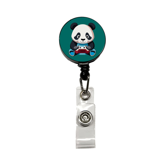 Panda Gaming Gamer Playing Video Game Retractable ID Key Card Name Tag Badge Holder with Clip
