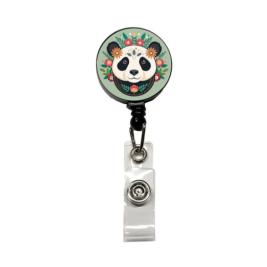 Panda Head Floral Flowers Retractable ID Key Card Name Tag Badge Holder with Clip