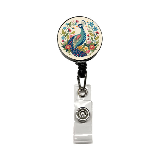 Peacock Floral Flowers Retractable ID Key Card Name Tag Badge Holder with Clip