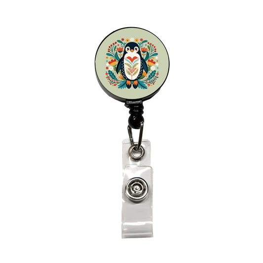 Penguin Floral Flowers Retractable ID Key Card Name Tag Badge Holder with Clip