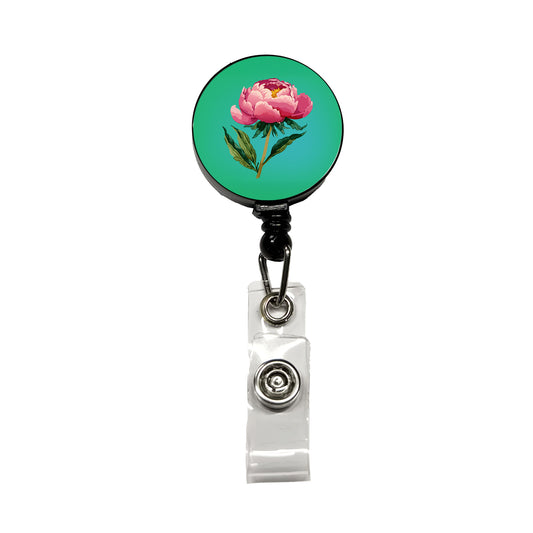 Peony Pink Flower Watercolor Retractable ID Key Card Name Tag Badge Holder with Clip