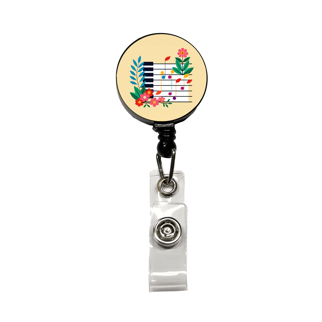 Piano Music Floral Motif Retractable ID Key Card Name Tag Badge Holder with Clip