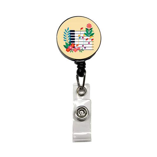 Piano Music Floral Motif Retractable ID Key Card Name Tag Badge Holder with Clip