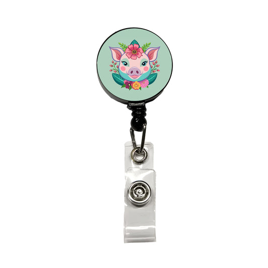 Pig Head Floral Flowers Retractable ID Key Card Name Tag Badge Holder with Clip