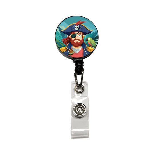 Pirate with Eye Patch and Parrot Retractable ID Key Card Name Tag Badge Holder with Clip