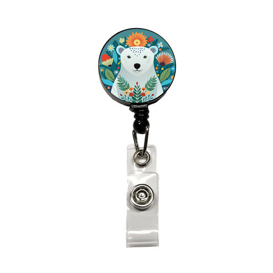 Polar Bear Floral Flowers Retractable ID Key Card Name Tag Badge Holder with Clip