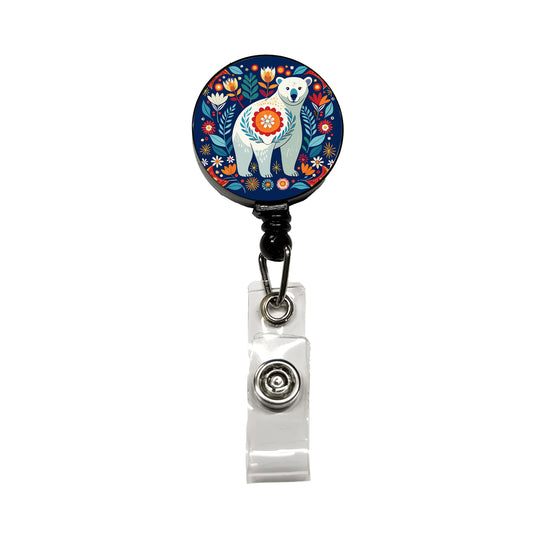 Polar Bear Floral Motif Retractable ID Key Card Name Tag Badge Holder with Clip