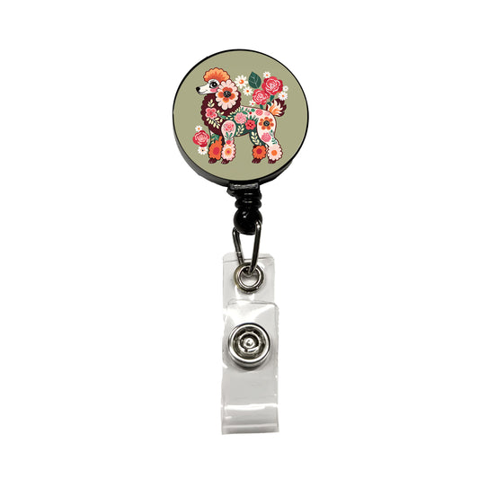 Poodle Dog Floral Motif Retractable ID Key Card Name Tag Badge Holder with Clip